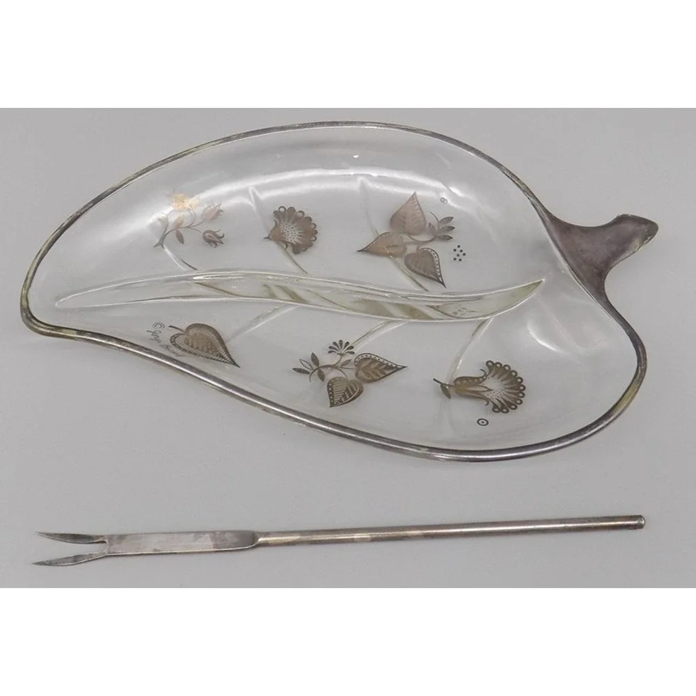 Georges Briard Silver Overlay Glass Leaf Shaped Cheese Dish w/ Original Fork MCM